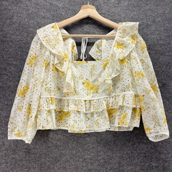 Wayf Tops - Wayf Blouse Women XS White Floral Lined Square Neck Long Sleeve Ruffle Cotton